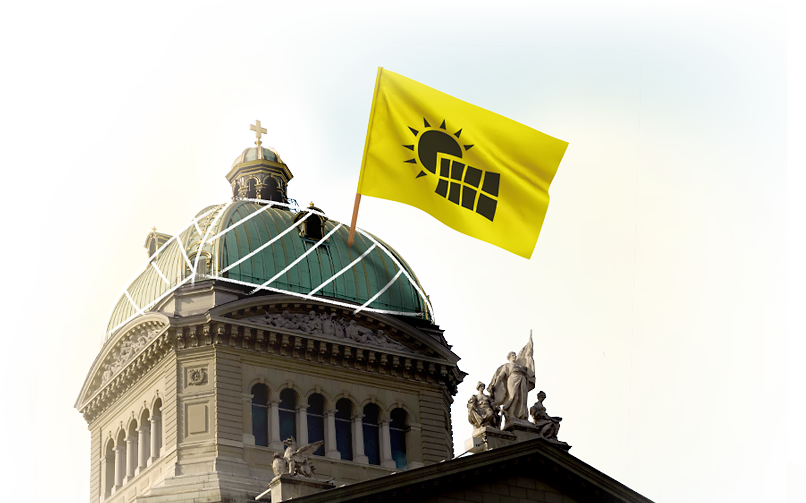 Bundeshaus mit gelber Solarmacher Fahne